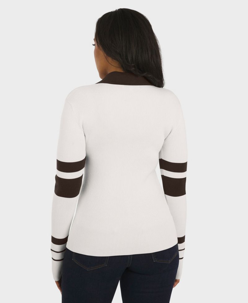 Women's White Cleveland Browns Ribbed Henley Polo Sweater