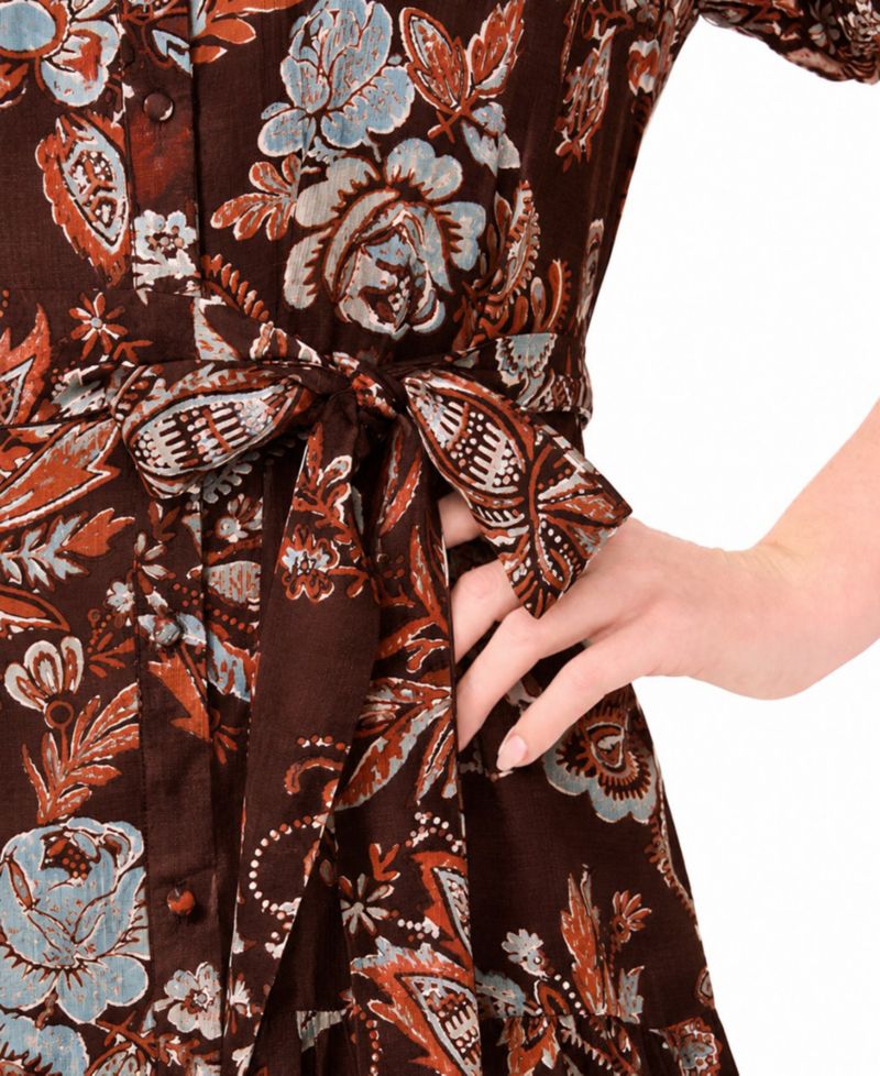 Plus Size Puff-Sleeve Belted Midi Dress