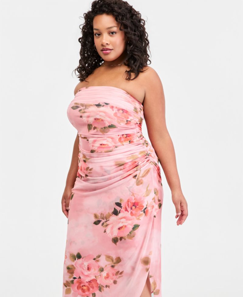 Trendy Plus Size Floral Print Strapless Maxi Dress