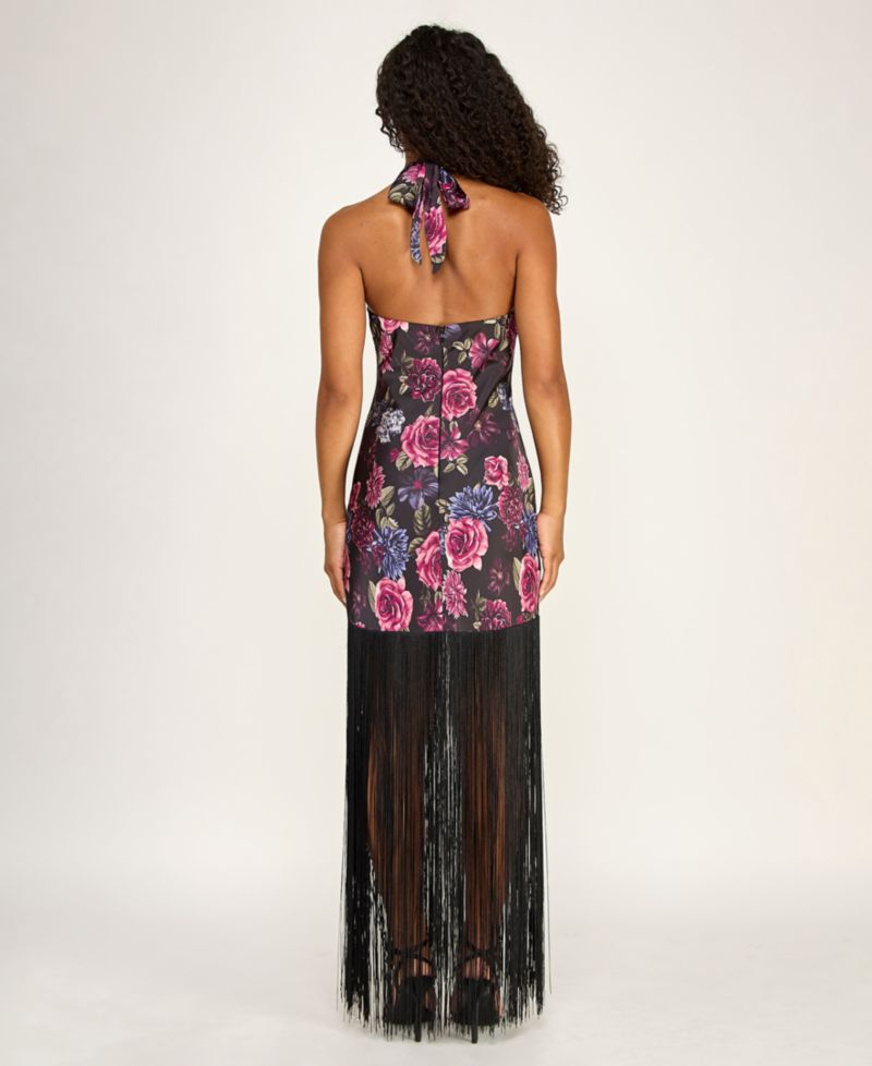 Juniors' Fringe Hem Floral Halter Neck Dress
