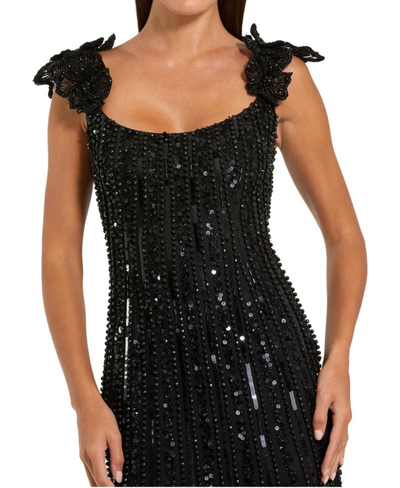 Women's Floral Shoulder Sequin Mesh Evening Gown