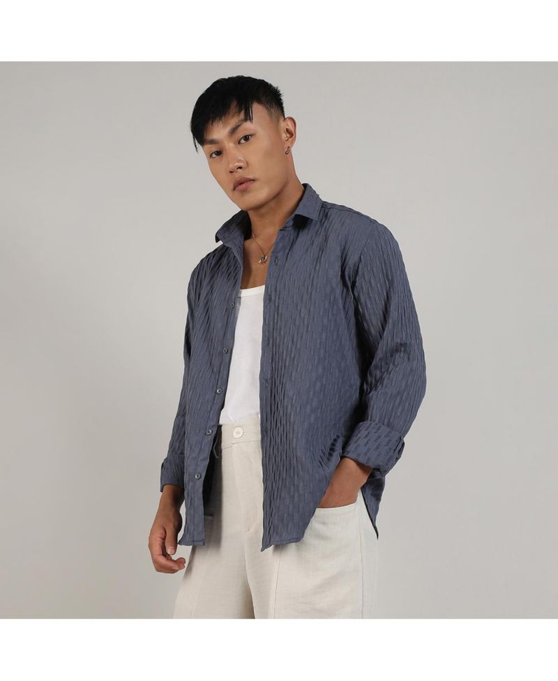 Men's Prussian Blue Crinkled-Weave Shirt
