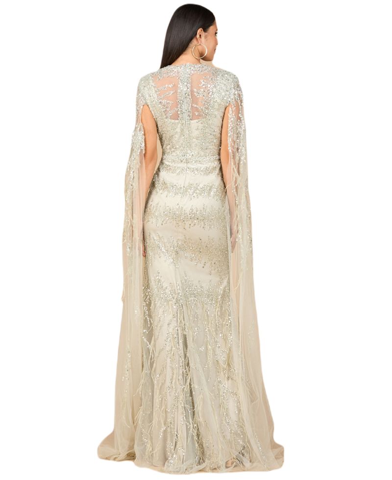 Women's V - Neck Gown with Long Cape Sleeves and Feathers