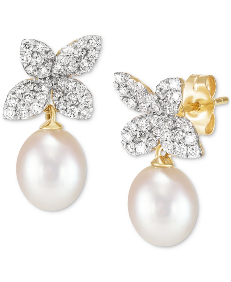 Cultured Freshwater Oval Pearl (6 - 6-1/2mm) & Lab Grown Diamond (1/2 ct. t.w.) Floral Drop Earrings in 14k Gold