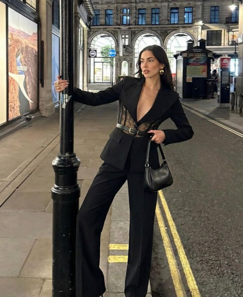 Women's Lace Panel Deep V-Neck Tailored Blazer