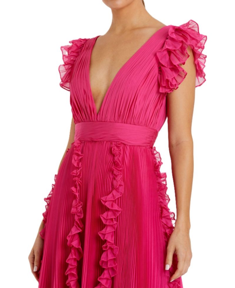 Women's Pleated Ruffle Cap Sleeve Flowy A Line Gown