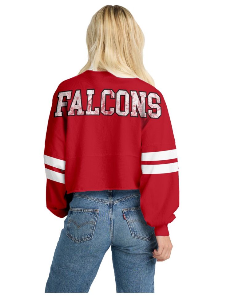 Women's Red Atlanta Falcons Oversized Cropped Stripe Long Sleeve T-Shirt
