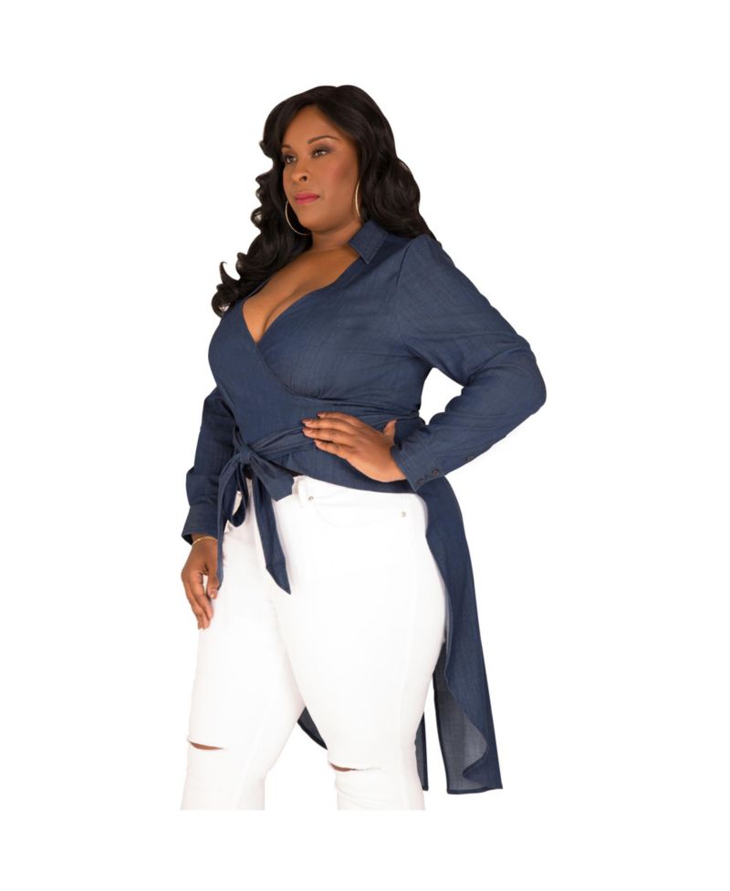 Plus Size Fishtail Tencel Denim High-Low Wrap Shirt