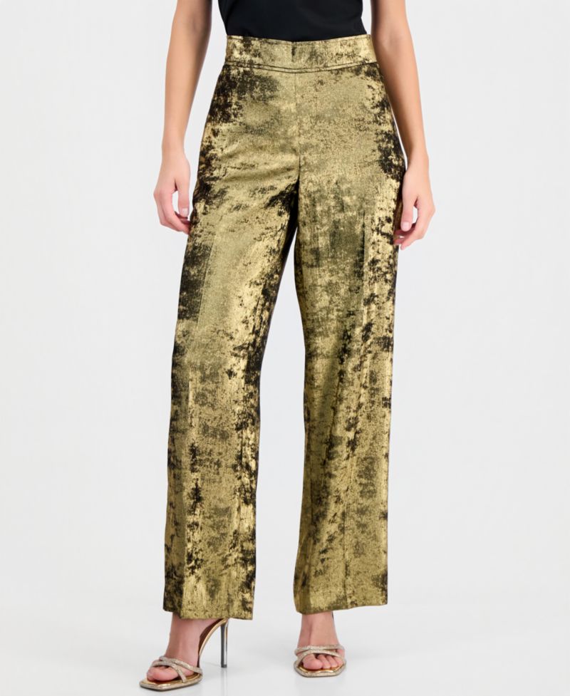 Women's Metallic Foil-Crepe High-Rise Wide-Leg Pants