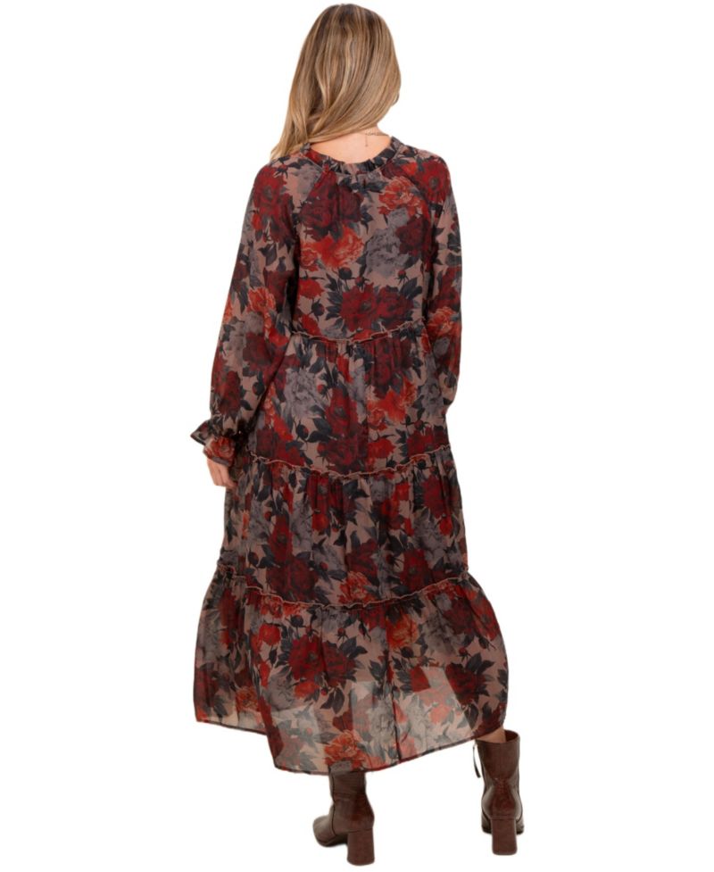Women's Navy Floral Chiffon Ruffle Tiered Midi Dress