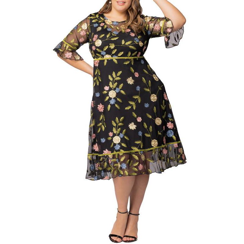 Plus Size Wildflower Embroidered Floral Mesh Cocktail Dress