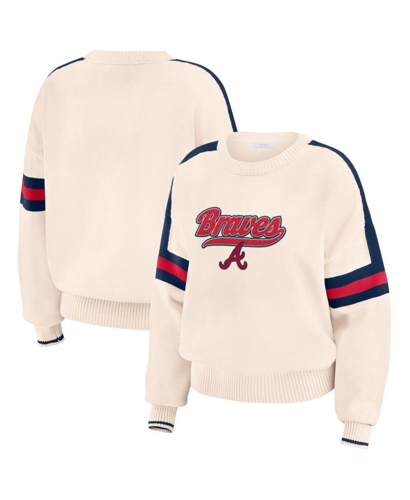 Women's Cream Atlanta Braves Stripe Pullover Sweater