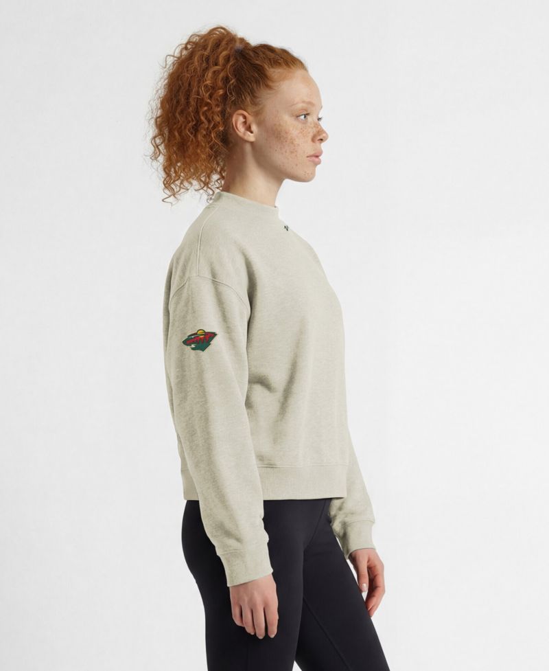 Women's Oatmeal Minnesota Wild Collar Script Triumph Fleece Crewneck Sweatshirt