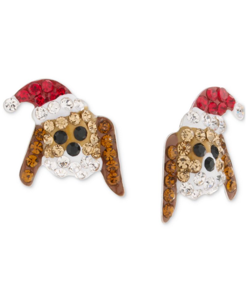 Sterling Silver Crystal Santa Hat Dog Stud Earrings