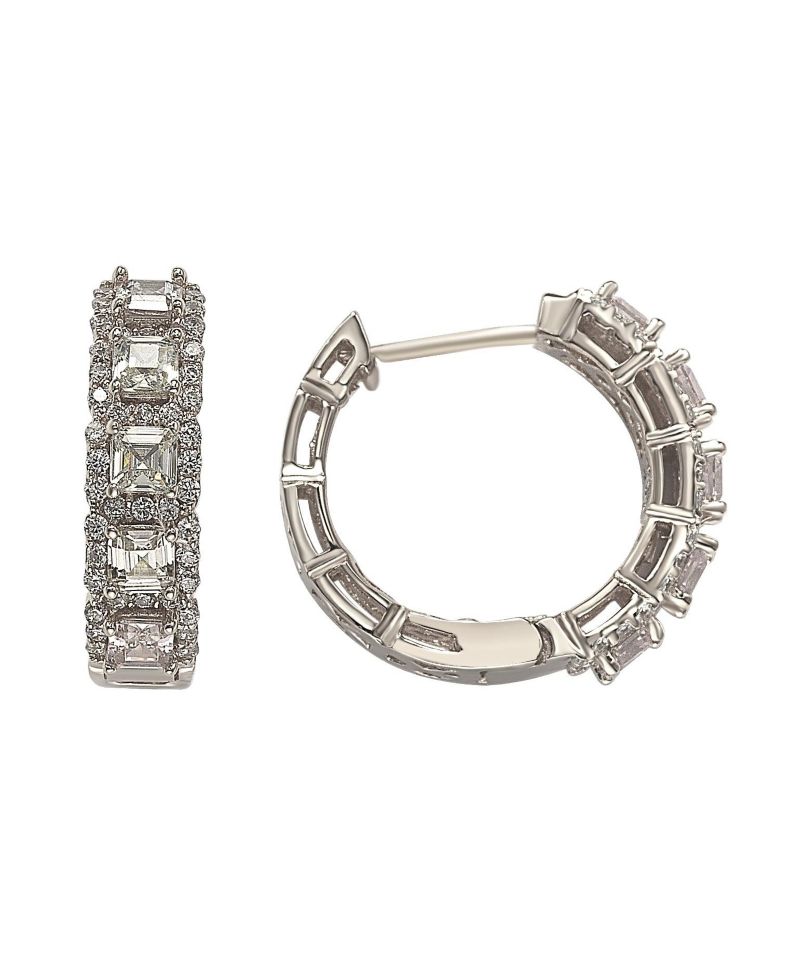 Suzy Levian Sterling Silver Cubic Zirconia Framed Asscher-Cut Hoop Earrings