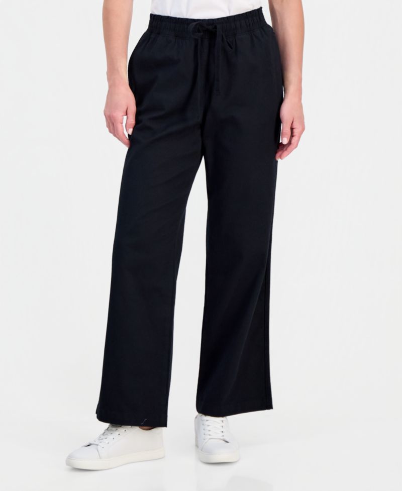 Petite Twill-Tape Wide-Leg Pull-On Pants
