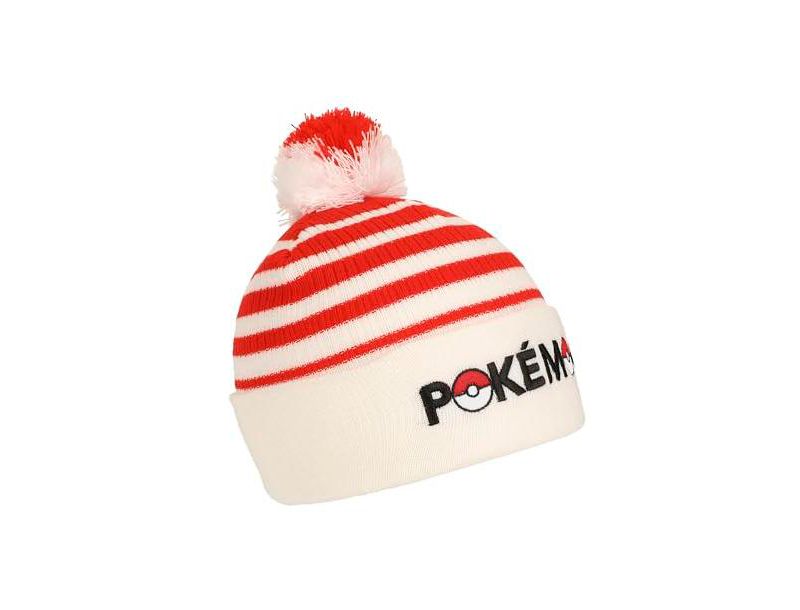 Men's Pokeball Plush Pom, Red And White Stripes Cuff Beanie