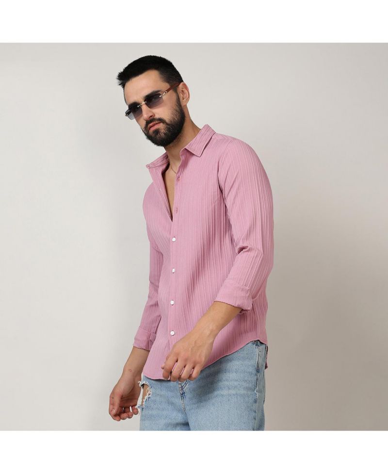 Men's Salmon Pink Self-Design Striped Shirt