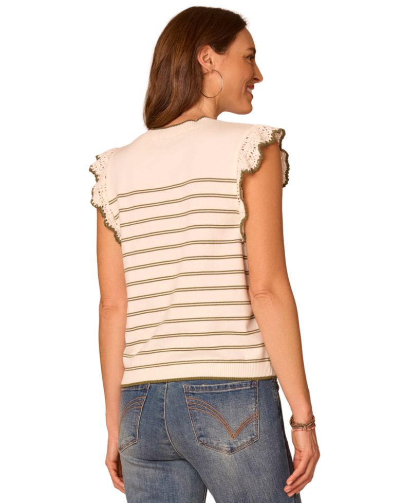 Petite Crochet-Sleeve Striped Round Neck Sweater Tank