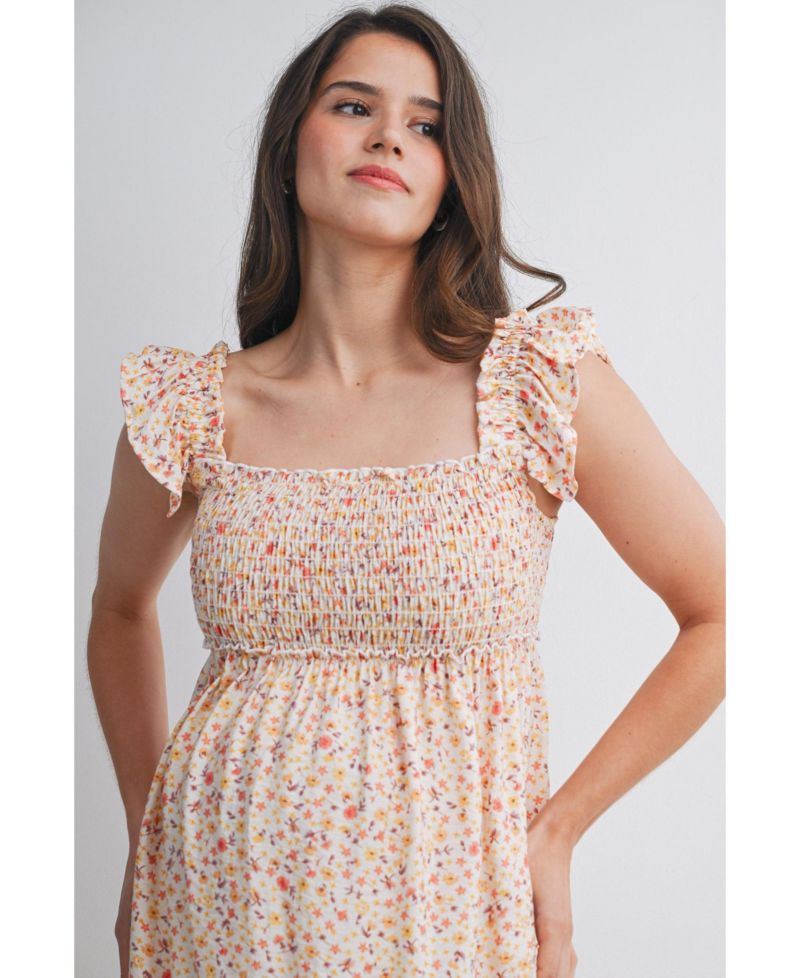 Women's Smocked Floral Dress with Ruffle Cap Sleeves