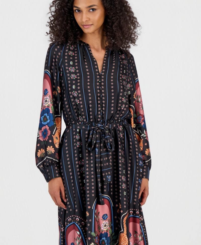 Women's Split V-Neck Long-Sleeve Fit & Flare Midi Dress