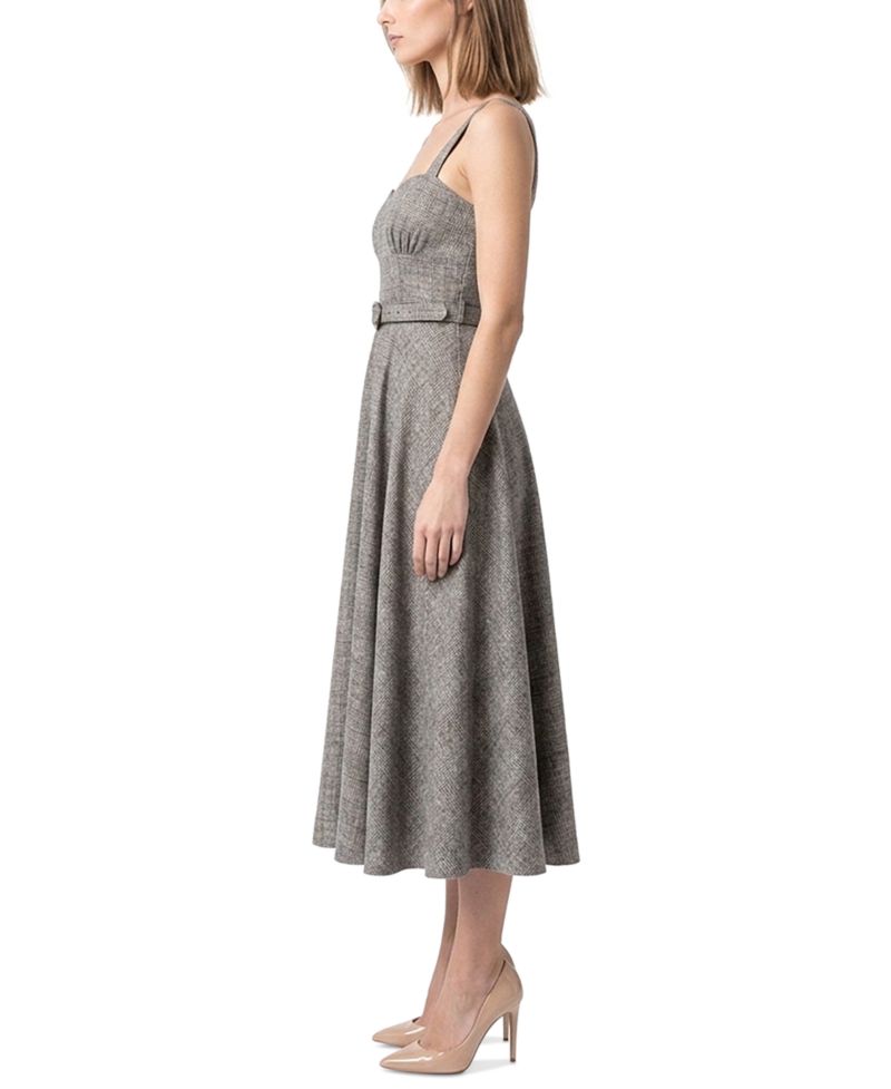 Women's Plaid Belted Sweetheart Neck A-Line Midi Dress