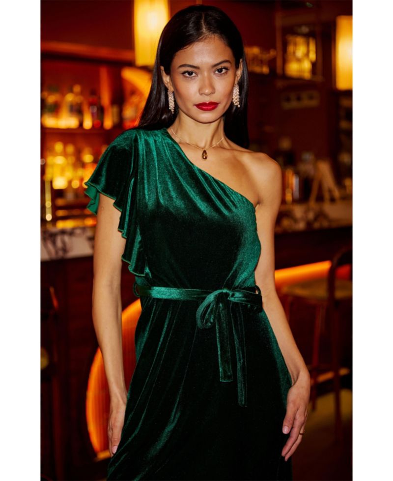 Women's Velvet Frill One Shoulder Midi Dress