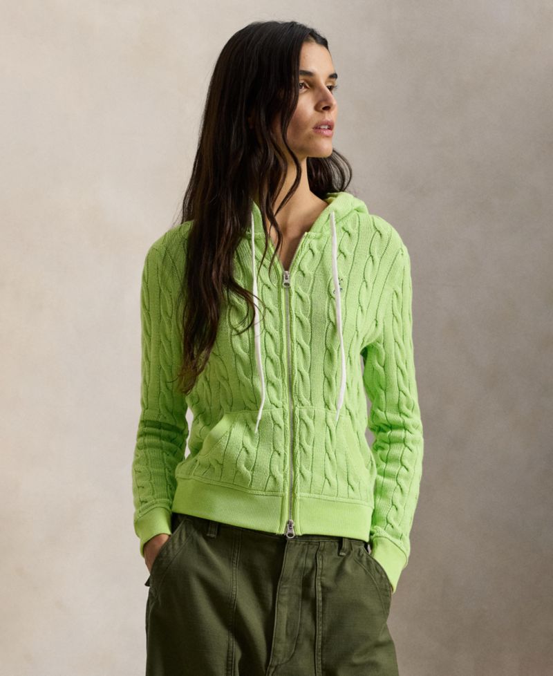 Women's Cable-Knit Cotton Full-Zip Hoodie Sweater