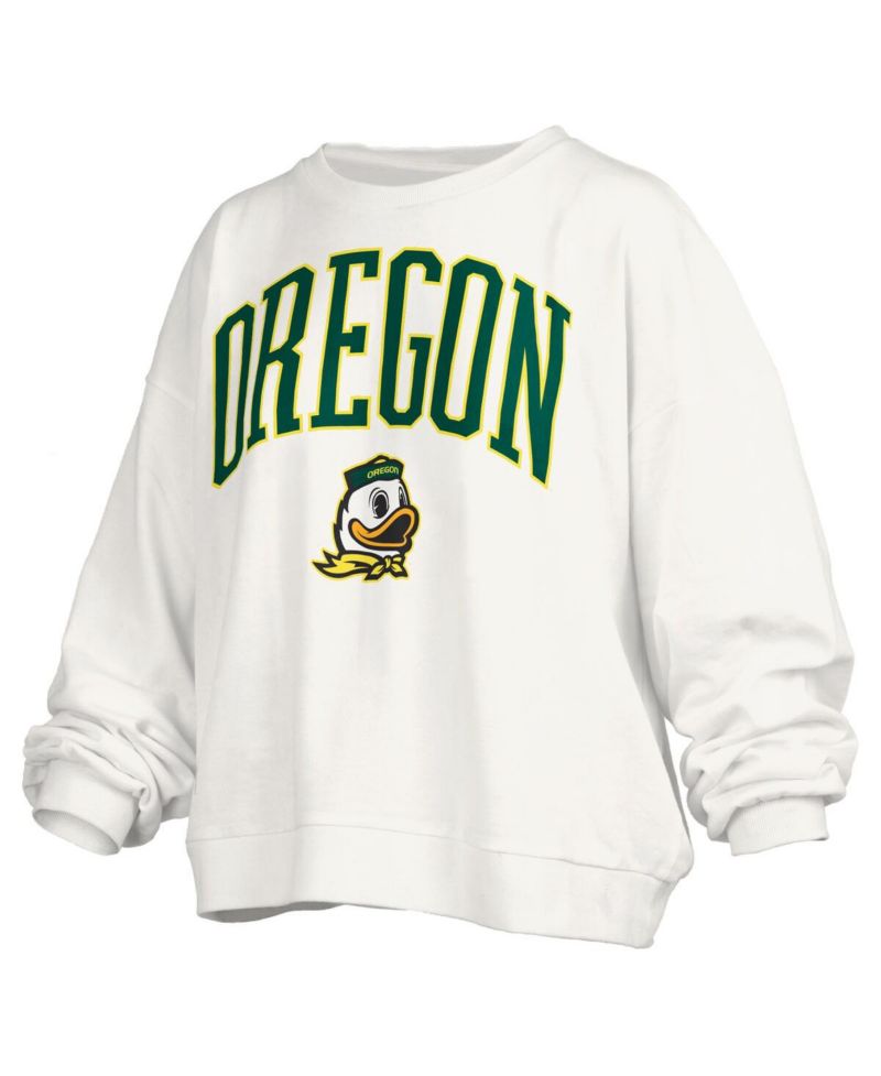 Women's White Oregon Ducks Janise Arch Over Logo Waist Length Oversized Pullover Sweatshirt