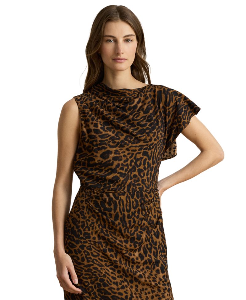 Petite Asymmetrical Neck Ocelot-Print Pleated Crepe Dress