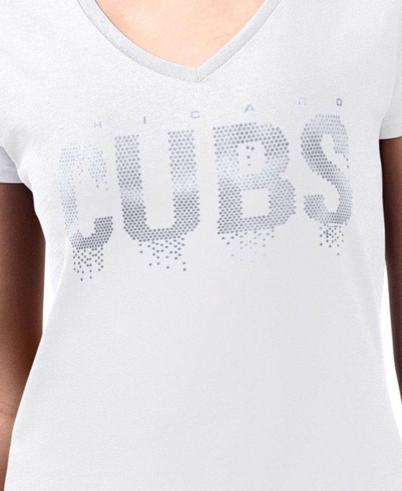 Women's White Chicago Cubs Metallic Drop Lightweight V-Neck T-Shirt