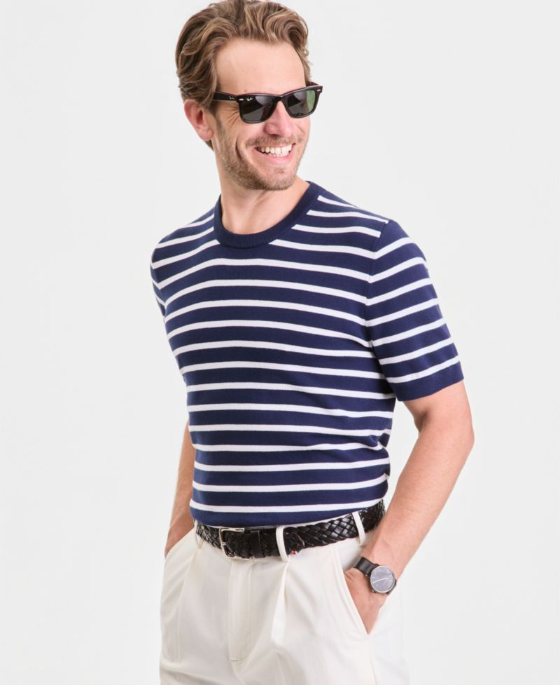 Men's Short-Sleeve Bengal Striped Cotton Sweater T-Shirt