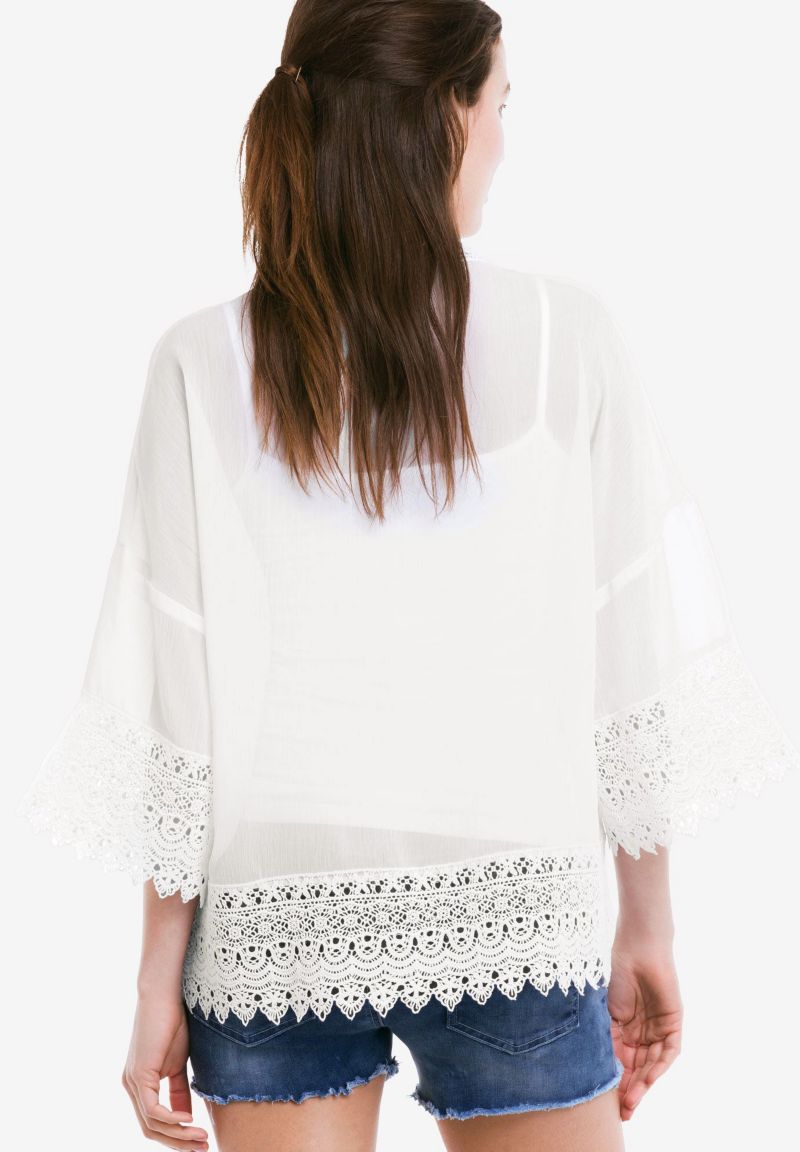 Plus Size Sheer Lace Trim Kimono Cardigan