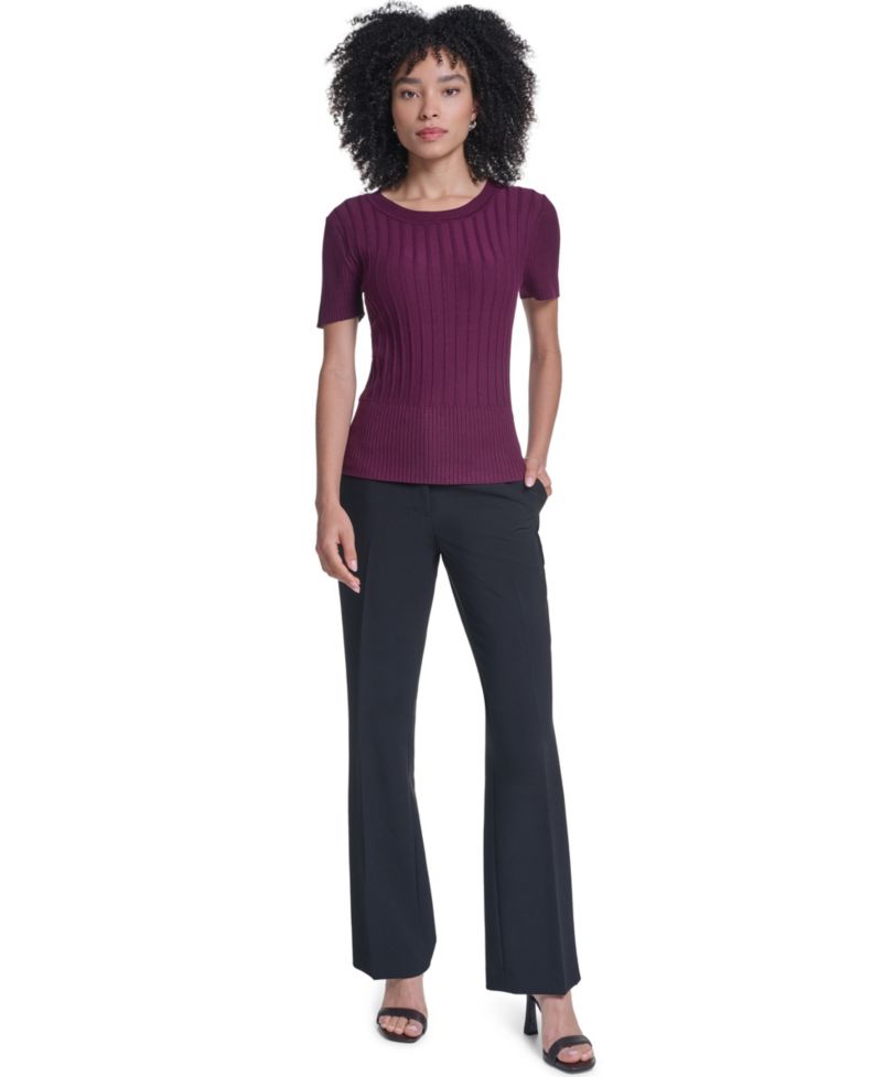 Petite Short-Sleeve Crewneck Ribbed Sweater
