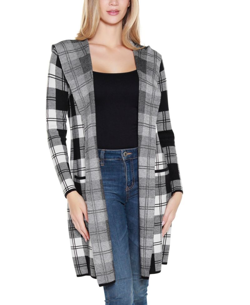 Women's Hooded Checkered Plaid Coatigan Sweater