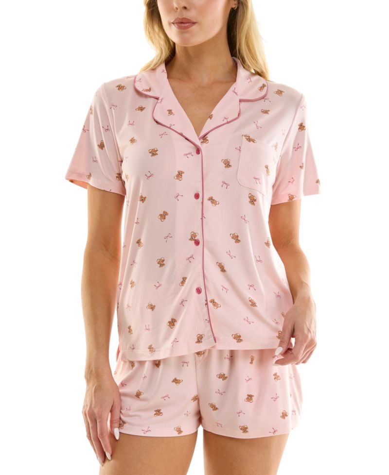 Women's Notch Collar Top and Pajama Shorts, 2-Piece Set