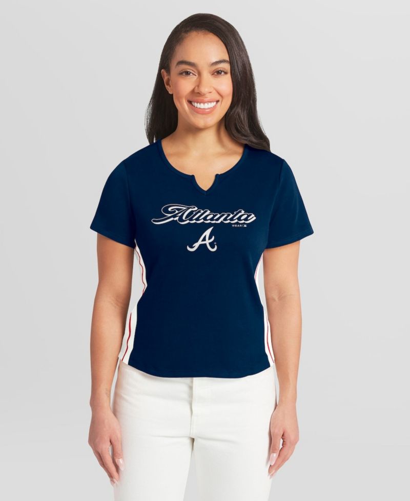 Women's Navy Atlanta Braves Notch Neck Cropped T-Shirt