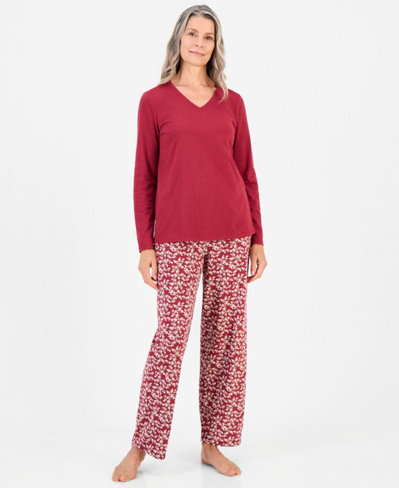 Women's Cotton-Blend Long Sleeve V-Neck Pajama Pant Set