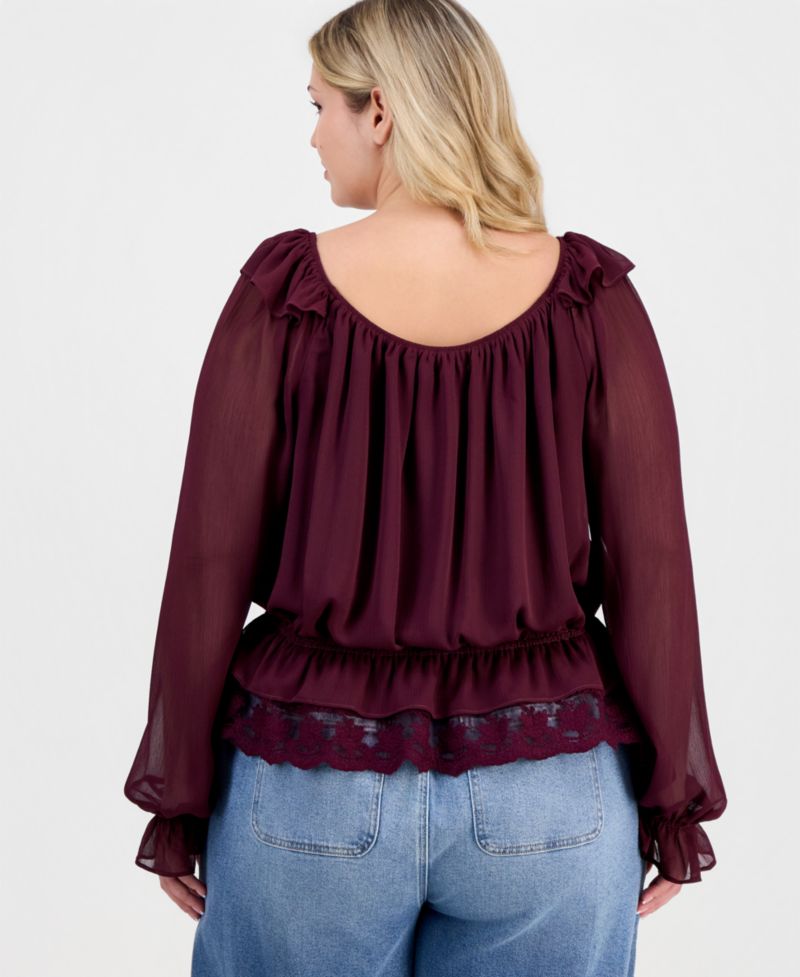 Plus Size Ruffle Long-Sleeve Lace-Trim Top
