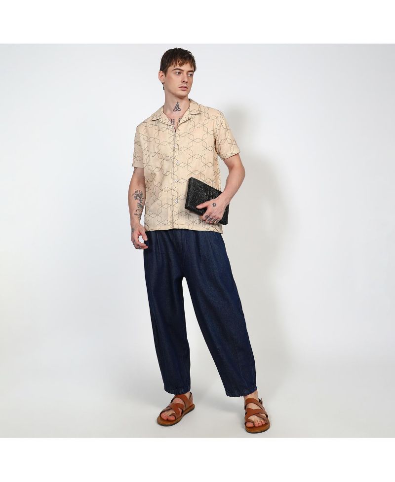 Men's Beige Embroidered Geometric-Lined Shirt
