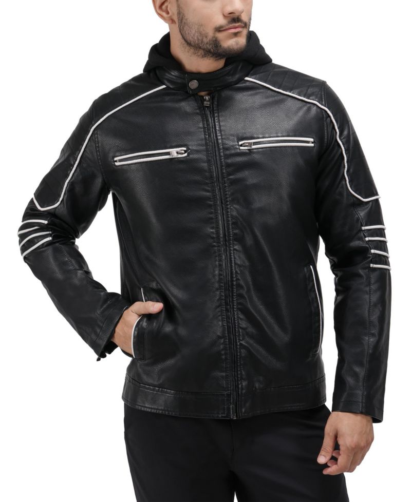 XRAY Men's Grainy PU Moto Jacket With Hood and Faux Shearling Lining