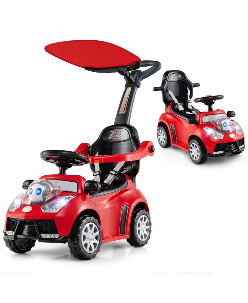 3-in-1 Sliding Walker w/ Adjustable Canopy Horn Music & Light for Boys & Girls