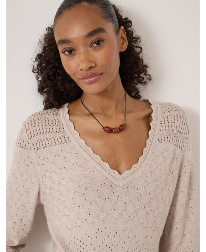 Women's Pointelle Cotton V-Neck Sweater