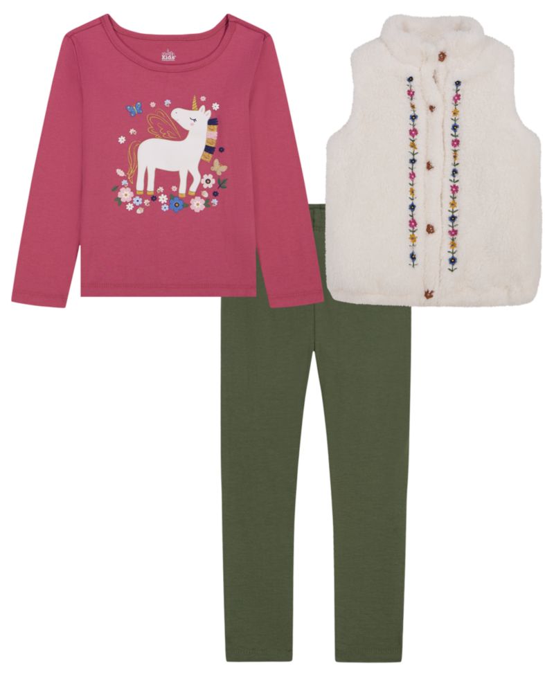 Girls' 2T-16 Long Sleeve Sherpa Embroidered Vest, T-Shirt and Leggings, 3-Piece Set