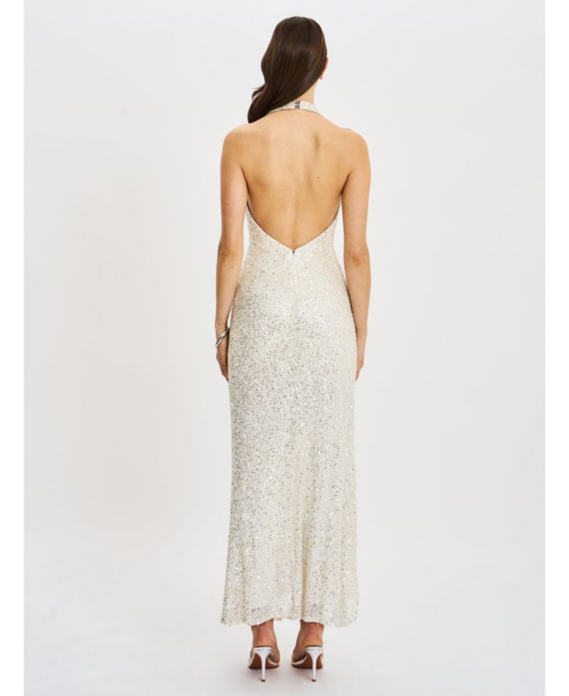 Women's Niamh Golden Beaded Cowl Halter Backless Maxi Dress