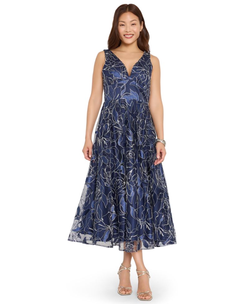 Women's Floral Metallic Soutache A-Line Midi Dress