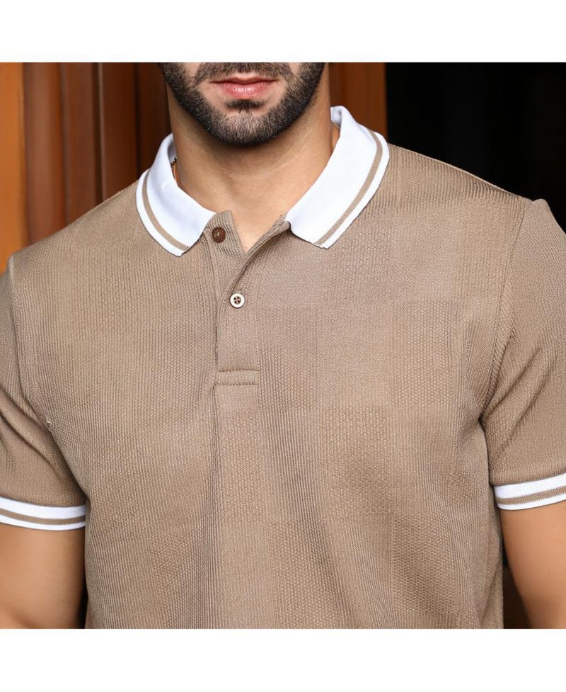 Men's Sand Beige Cuboid-Stripe Polo T-Shirt