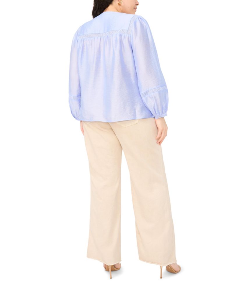 Plus Size Crewneck Pleated Front Long-Sleeve Blouse