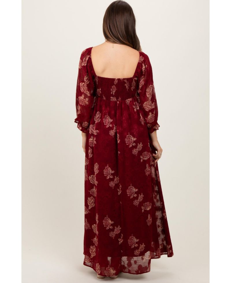 Women's Burgundy Multi Floral Textured Peasant Babydoll Maxi Dress