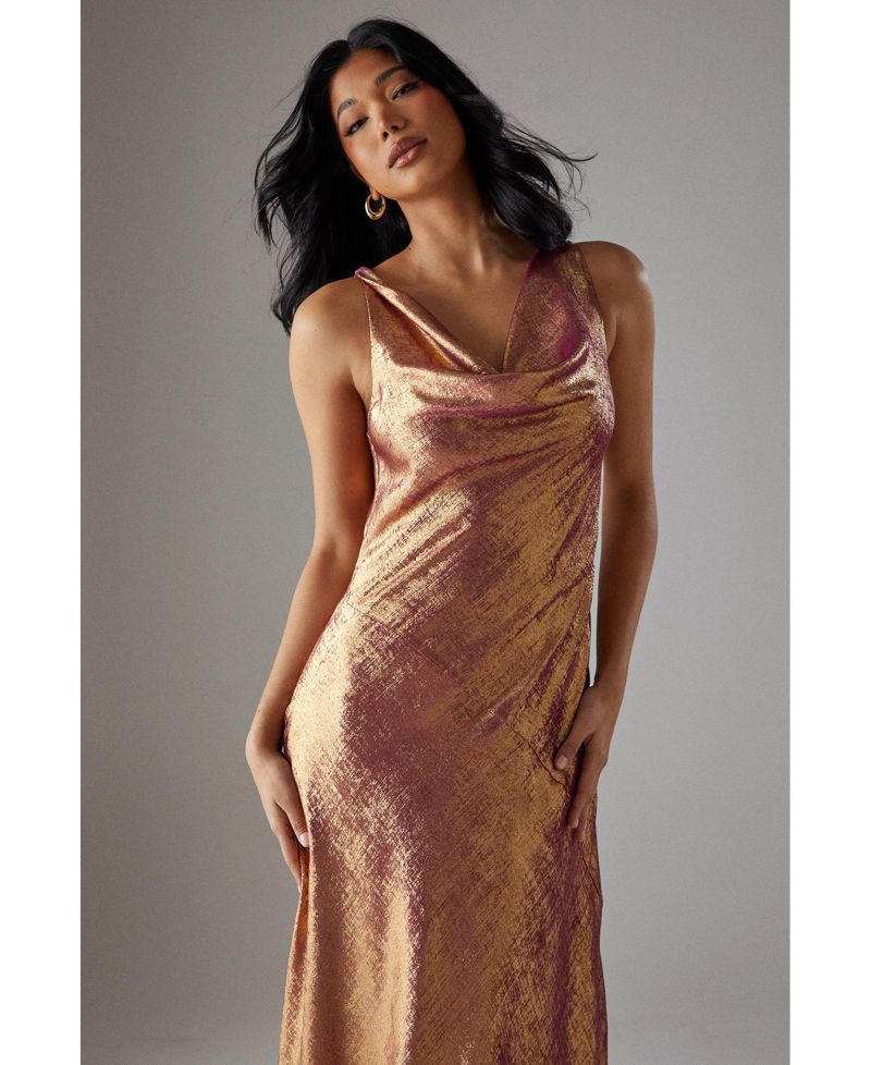 Women's Metallic Lame Cowl Neck Maxi Dress